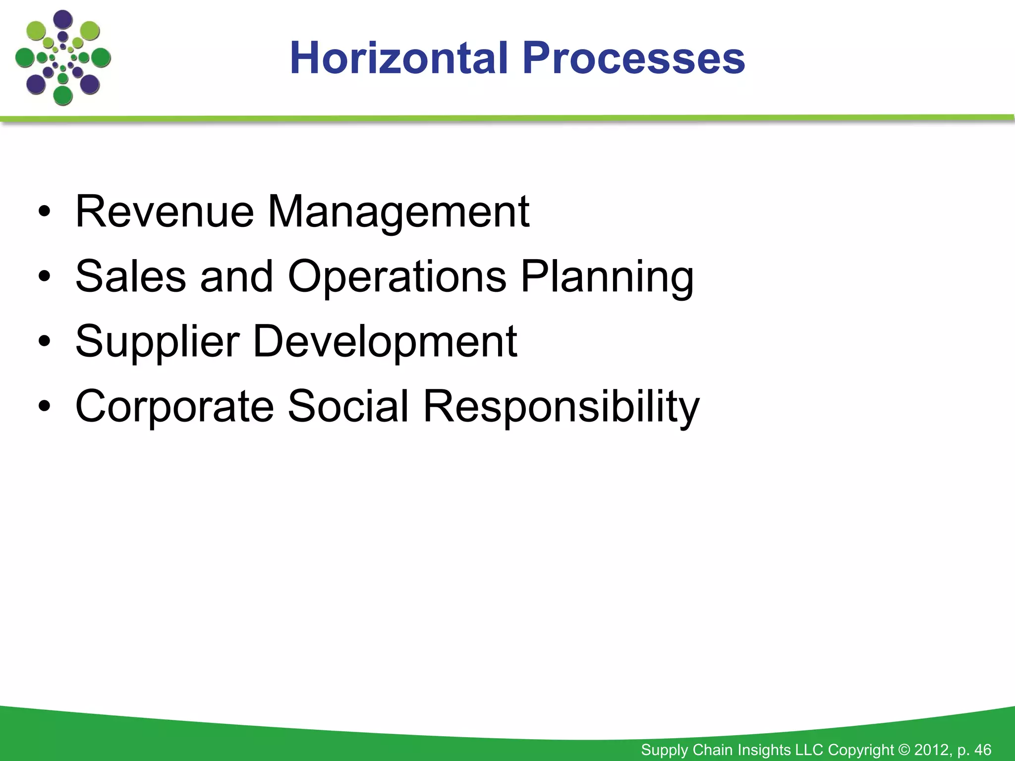 Horizontal Processes


•   Revenue Management
•   Sales and Operations Planning
•   Supplier Development
•   Corporate Social Responsibility




                                Supply Chain Insights LLC Copyright © 2012, p. 46
 