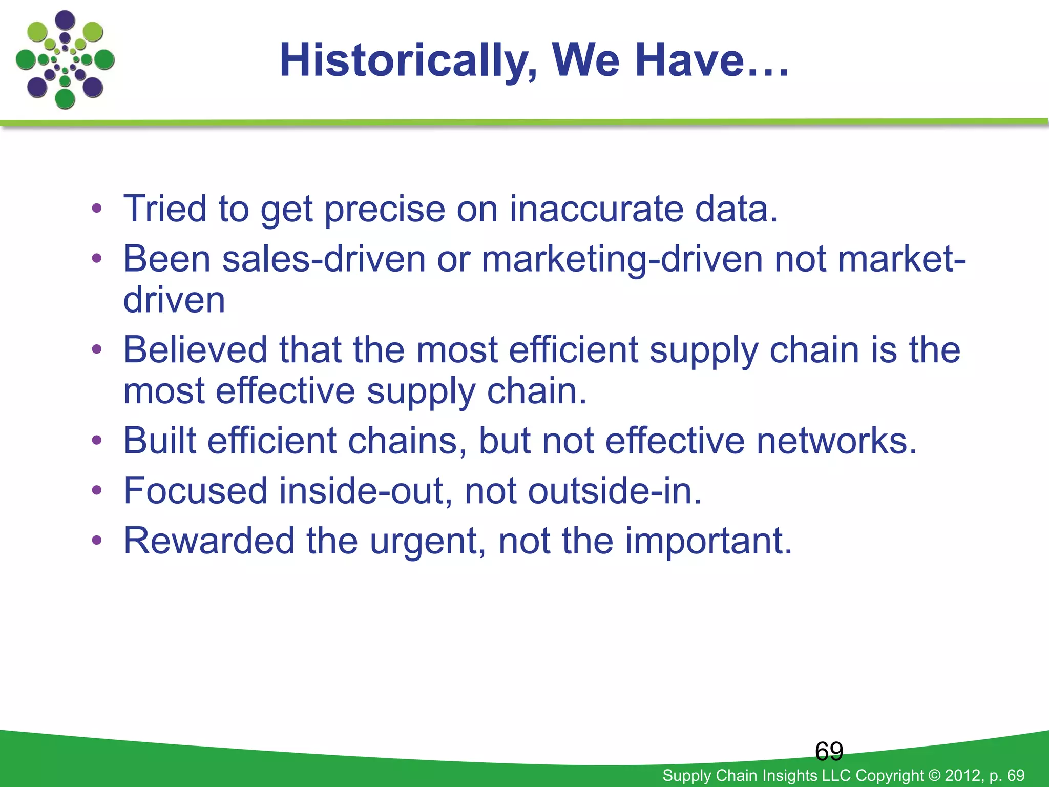 Historically, We Have…


• Tried to get precise on inaccurate data.
• Been sales-driven or marketing-driven not market-
  driven
• Believed that the most efficient supply chain is the
  most effective supply chain.
• Built efficient chains, but not effective networks.
• Focused inside-out, not outside-in.
• Rewarded the urgent, not the important.




                                                       69
                                   Supply Chain Insights LLC Copyright © 2012, p. 69
 