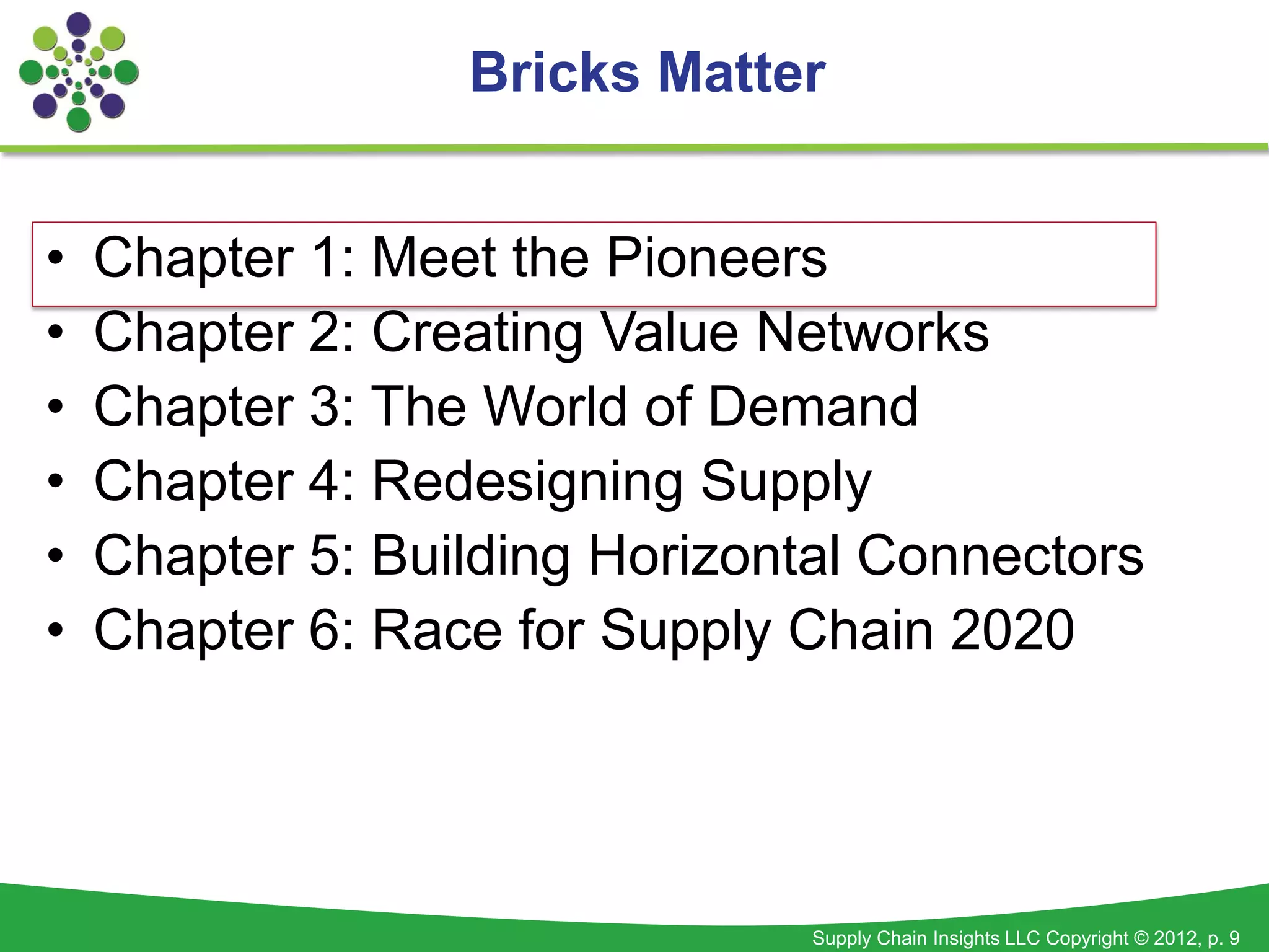 Bricks Matter


•   Chapter 1: Meet the Pioneers
•   Chapter 2: Creating Value Networks
•   Chapter 3: The World of Demand
•   Chapter 4: Redesigning Supply
•   Chapter 5: Building Horizontal Connectors
•   Chapter 6: Race for Supply Chain 2020




                                Supply Chain Insights LLC Copyright © 2012, p. 9
 