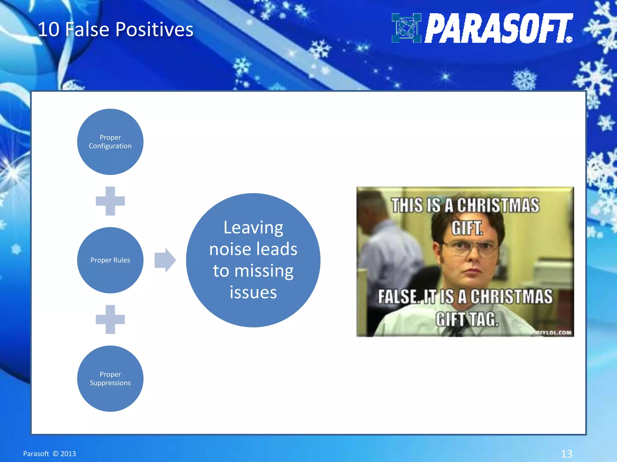 10 False Positives Proper Configuration Proper Rules Leaving noise leads to missing issues Proper Suppressions Parasoft © 2013 13 