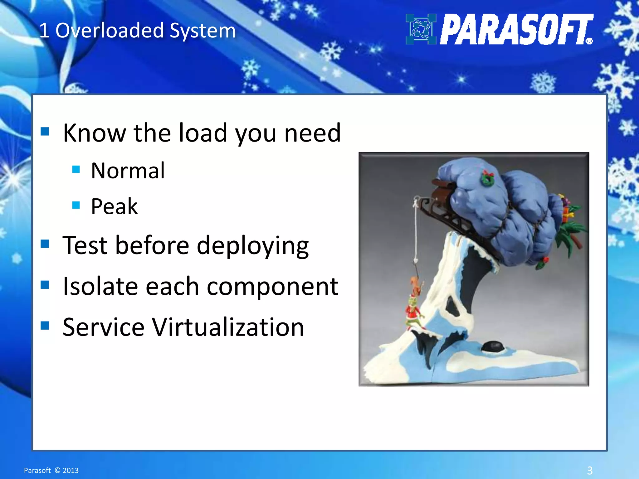 1 Overloaded System  Know the load you need  Normal  Peak  Test before deploying  Isolate each component  Service Virtualization Parasoft © 2013 3 