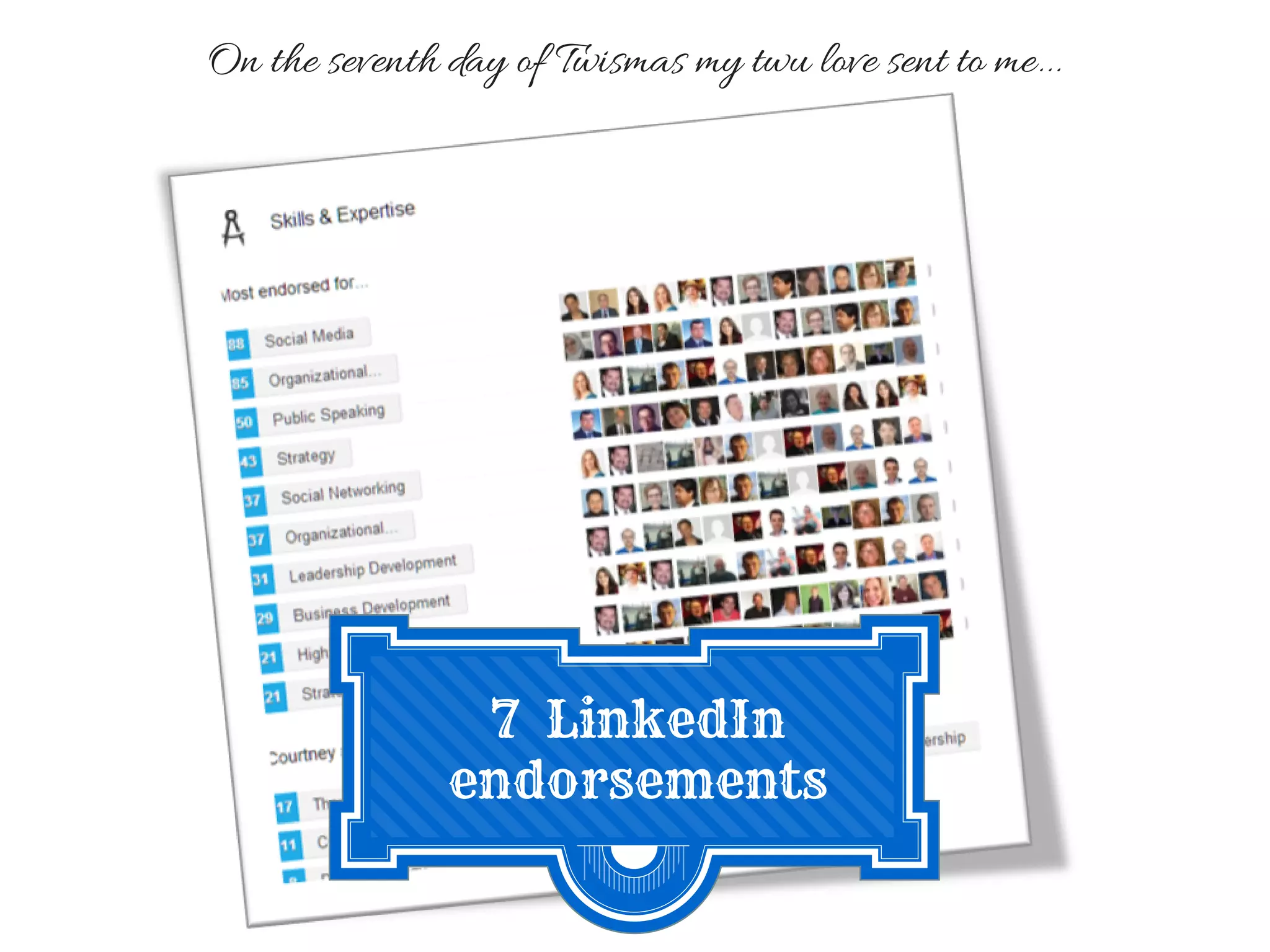 On the seventh day of Twismas my twu love sent to me...
7 LinkedIn
endorsements