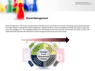 Brand Management
brand management is the analysis and planning on how that brand is perceived in the market. Developing a good relationship with
the target market is essential for brand management. Tangible elements of brand management include the product itself; look,
price, the packaging, etc. The intangible elements are the experience that the consumer has had with the brand, and also the
relationship that they have with that brand. A brand manager would oversee all of these things.
Branding Project Overview
Monireh Dinarvand-Spring1395
 