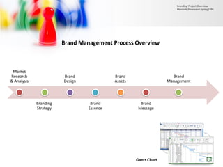 Market
Research
& Analysis
Branding
Strategy
Brand
Design
Brand
Essence
Brand
Assets
Brand
Message
Brand
Management
Brand Management Process Overview
Gantt Chart
Branding Project Overview
Monireh Dinarvand-Spring1395
 