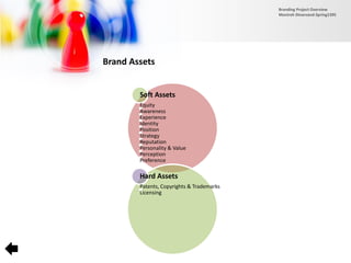 Brand Assets
Soft Assets
Equity
Awareness
Experience
Identity
Position
Strategy
Reputation
Personality & Value
Perception
Preference
Hard Assets
Patents, Copyrights & Trademarks
Licensing
Branding Project Overview
Monireh Dinarvand-Spring1395
 