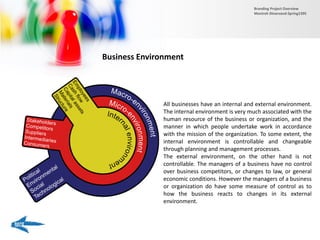 Business Environment
All businesses have an internal and external environment.
The internal environment is very much associated with the
human resource of the business or organization, and the
manner in which people undertake work in accordance
with the mission of the organization. To some extent, the
internal environment is controllable and changeable
through planning and management processes.
The external environment, on the other hand is not
controllable. The managers of a business have no control
over business competitors, or changes to law, or general
economic conditions. However the managers of a business
or organization do have some measure of control as to
how the business reacts to changes in its external
environment.
Branding Project Overview
Monireh Dinarvand-Spring1395
 