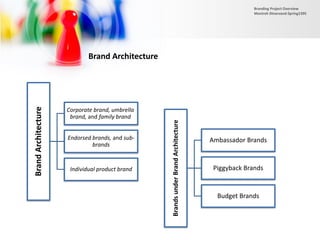 Brand Architecture
BrandArchitecture
Corporate brand, umbrella
brand, and family brand
Endorsed brands, and sub-
brands
Individual product brand
BrandsunderBrandArchitecture
Ambassador Brands
Piggyback Brands
Budget Brands
Branding Project Overview
Monireh Dinarvand-Spring1395
 