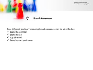 Brand Awareness
Four different levels of measuring brand awareness can be identified as:
 Brand Recognition
 Brand Recall
 Top-of-mind
 Brand name dominance
Branding Project Overview
Monireh Dinarvand-Spring1395
 