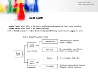 Brand Assets
1. Brand Vitality which refers to the current and future growth potential that a brand holds in it.
2. Brand Stature which refers to the power of a brand.
Both of these heads can be further divided to have the following parameters for judging the brand-
Branding Project Overview
Monireh Dinarvand-Spring1395
 