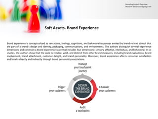 Soft Assets- Brand Experience
Brand experience is conceptualized as sensations, feelings, cognitions, and behavioral responses evoked by brand-related stimuli that
are part of a brand's design and identity, packaging, communications, and environments. The authors distinguish several experience
dimensions and construct a brand experience scale that includes four dimensions: sensory, affective, intellectual, and behavioral. In six
studies, the authors show that the scale is reliable, valid, and distinct from other brand measures, including brand evaluations, brand
involvement, brand attachment, customer delight, and brand personality. Moreover, brand experience affects consumer satisfaction
and loyalty directly and indirectly through brand personality associations.
Branding Project Overview
Monireh Dinarvand-Spring1395
 