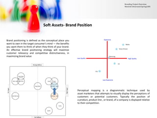 Soft Assets- Brand Position
Brand positioning is defined as the conceptual place you
want to own in the target consumer's mind — the benefits
you want them to think of when they think of your brand.
An effective brand positioning strategy will maximize
customer relevancy and competitive distinctiveness, in
maximizing brand value
Perceptual mapping is a diagrammatic technique used by
asset marketers that attempts to visually display the perceptions of
customers or potential customers. Typically the position of
a product, product line , or brand, of a company is displayed relative
to their competition.
Branding Project Overview
Monireh Dinarvand-Spring1395
 