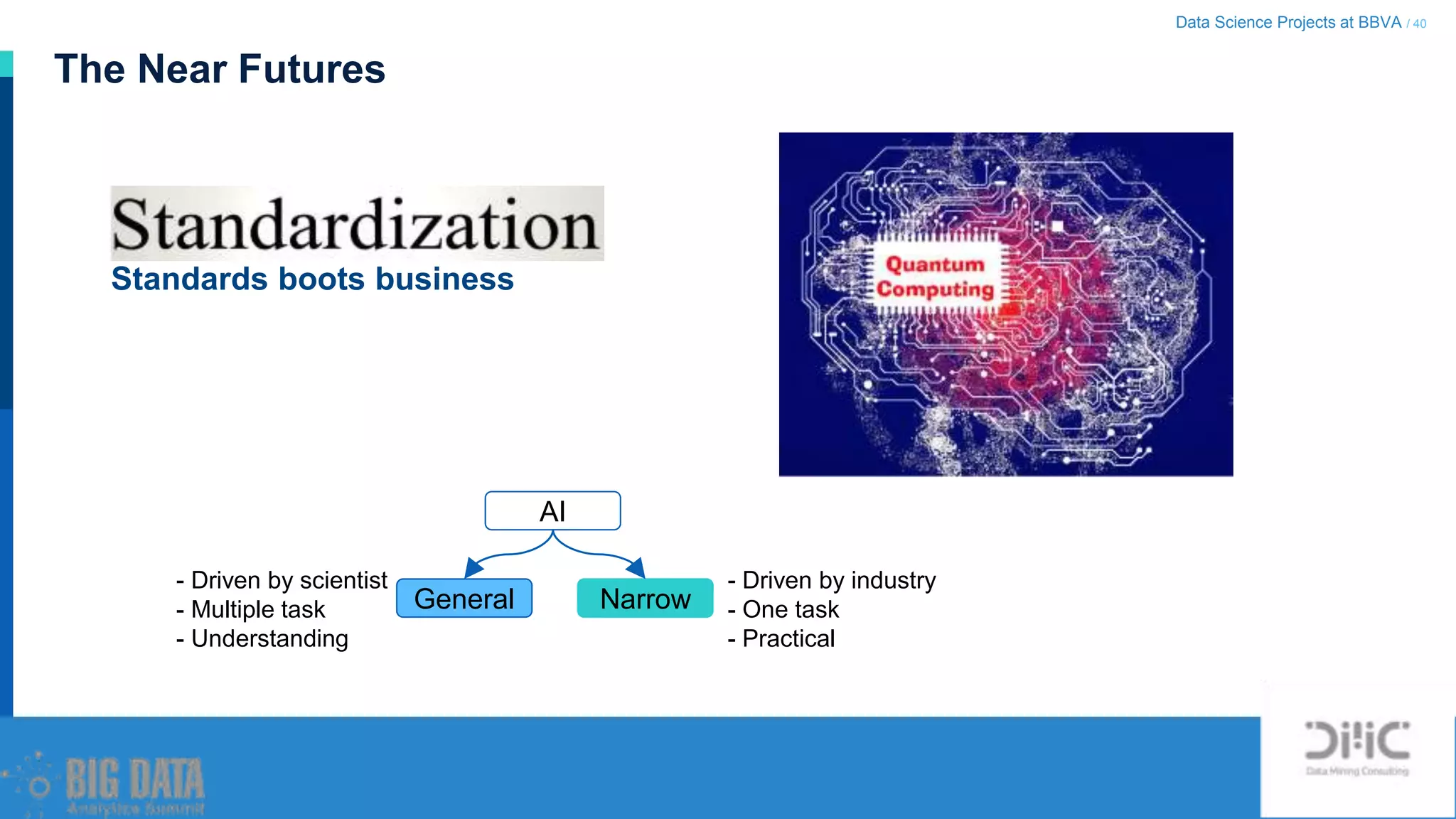 Data Science Projects at BBVA / 40
The Near Futures
Standards boots business
AI
NarrowGeneral
- Driven by scientist
- Multiple task
- Understanding
- Driven by industry
- One task
- Practical
 