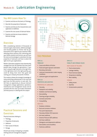 19 RTO provider 51971 • ACN135762426
THE PROGRAM
Module 8: 	Lubrication Engineering
You Will Learn How To:
•	 Examine and discuss the basics of Tribology
•	 Describe the properties of lubricants
•	 Examine and discuss the characteristics and
application of additives
•	 Examine the root causes of lubricant failure
•	 Examine and discuss issues related to
lubricant storage
Overview
With a bewildering selection of thousands of
lubricant types, base stocks, additive packages
and viscosity grades to choose, how do you
know which one is right for your machine? After
attending these sessions and, interacting with
your fellow students and lecturer, you will have
the tools and knowledge to understand the key
properties of lubricants and how to select the
right one for your applications.
Modern lubrication programs have dramatically
changed from the old methods that have been
passed down through the generations. If you
aren't using the right lubricant at the right time,
in the right place, and in the right quantity, you
could be doing more harm than good and
costing your company thousands of dollars.
This module collates the strategic knowledge of
many practising professionals in this area and
gives you the best practice to work with. You
will have an opportunity to discuss lubricant
management, design applications, operations,
maintenance and management issues and be
provided with the most up-to-date information
and best practice in dealing with the subject
Topic 8.1
Tribology
•	 Cause and effects of friction
•	 Fluid and hydro-dynamic lubrication
•	 Boundary lubrication
•	 Lubricant characteristics under varying
conditions
•	 Lubricant types and applications
Topic 8.2
PROPERTIES AND ADDITIVES
Properties of Lubricants
•	 Viscosity
•	 Flashpoint and volatility
•	 Oxidation and thermal stability
•	 Demulsibility
•	 Foaming and gas solubility
•	 Corrosion prevention
•	 Compatibility
Additives
•	 Oxidation inhibitors
•	 Rust and corrosion inhibitors
•	 Pour point depressants
•	 Viscosity Inhibitor (VI) improvers
•	 Anti-wear additives
•	 Extreme Pressure (EP) additives
•	 Anti-foam additives
•	 Detergents and dispersants additives
•	 Demulsifiers and emulsifiers
•	 Tackiness additives
Topic 8.3
STABILITY AND STORAGE ISSUES
Root Causes of Failures
•	 Fluid contamination
•	 Leakage stability
•	 Fluid chemical stability
•	 Temperature stability
•	 Wear stability
Storage
•	 Safety issues
•	 Shelf life
•	 Contamination potential
Practical Sessions and
Exercises
Practical exercises relating to:
•	 Tribology
•	 Properties of lubricants
•	 Additives
•	 Root causes of failures
•	 Storage
Overall case study on designing a complete
working lubricant management program.
 