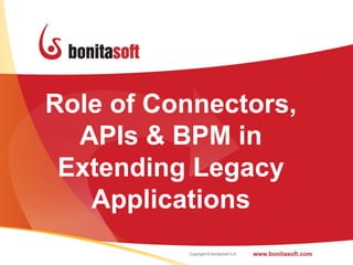 Role of Connectors,
  APIs & BPM in
 Extending Legacy
   Applications
                      1
 