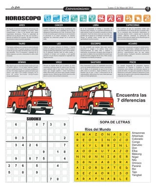 EntretenimientoEntretenimientoEntretenimientoEntretenimientoEntretenimientoEntretenimientoEntretenimientoEntretenimientoLa CalleLa CalleLa CalleLa Calle Lunes 12 de Mayo del 2014
ARIES
TAURO
GÉMINIS
CÁNCER
LEO
VIRGO
LIBRA CAPRICORNIO
ESCORPIO ACUARIO
SAGITARIO PISCIS
Ha llegado el momento de disfrutar plenamente del
amor y dedicarse por completo a tu pareja. Tanto
romanticismo y amor te da fuerzas para tomar
importantes decisiones. Tienes la capacidad de
disfrutar de los placeres de la vida con sencillez y
apreciar la belleza de tu pareja. Si estás sin pareja
encontraráselamorcontodaseguridad.
Cambio imprevisto en los temas económicos, tus
ingresos y gastos se van a equilibrar por lo que te
desaparece un problema en la vida.Ya era hora. Para
el resto de asuntos que te interesan en este momento
la paciencia es la mejor consejera, no intentes
apresurar tus soluciones porque no te servirá de
nada.
Se te ha acumulado el trabajo y necesitas un
descanso para relajarte. La cuestión económica no
anda mal por lo que te lo podrás consentir en ciertos
momentos. Fuera las horas extras por unos días. Es
posible que tu pareja no te dedique la atención que
deseas, te pondrá como excusa que se siente
agobiadapor muchosasuntos.
Un conflicto al que no encuentras salida está
convirtiéndose en un bucle del que no puedes salir.
No es momento para decisiones importantes, te
conviene dejarlas venir y esperar que la situación
cambie. Deberías aumentar la realización de
ejercicio físico para no seguir con la obsesión que en
estemomentodominatuespíritu.
Una fuerte confianza en ti mismo te está invadiendo
estos últimos días. Es genial, porque te estás dando
cuenta de que eres capaz de muchas más cosas de las
que pensabas. Vive el momento y aprende de él,
debes empezar a ser otro y demostrar tu valía a todo
elmundo.
Reduce tus tareas rutinarias al mínimo, y liquida
pronto tus obligaciones para que te quede el mayor
tiempo posible para dedicarlo a estar con los demás.
En el ambiente familiar todo irá sobre ruedas, y
compartir el tiempo con tu pareja, o con aquella
persona a la que buscas conquistar te supondrá una
alegríaextrema.
Es muy probable que muchas ideas para nuevos
proyectos te vengan a la cabeza, toma nota
meticulosamente de todas ellas y empieza a
analizarlas, sin prisa pero sin pausa, para escoger la
que mejor se adapte a tus necesidades de manera que
puedas iniciarla cualquier día de estos. Pide consejo
atuparejao atufamiliaalrespecto.
Estarás poco comunicativa porque te sentirás pleno,
creerás estar enamorada y andarás subido en una
nube rosa. Tendrás suerte e irán bien las cosas en lo
afectivo, especialmente para las que andan
buscando pareja. Cualquier iniciativa sentimental
pareceráirsobre ruedas.
Hay alguien que se está interesando mucho por ti en
el terreno afectivo. Si no tienes relación estable,
todo te vendrá fenomenal. Y si la tienes, problema a
la vista. No te dejes engatusar y piensa en todo lo que
tienes y que tanto te ha costado conseguir, No es
hora de andar haciendo chiquilladas
irresponsablemente.
Procura no dejarte llevar por la euforia, en estos
momentos necesitas tener la cabeza muy fría para
sacar adelante todo lo que tienes entre manos. Si
tienes que arreglar papeles o temas burocráticos
debes observarlos con mayor rigor, puedes cometer
grandes errores. Deberías aprovechar más de un día
parairacomersolaaunbuenrestaurante.
Para reencontrar un poco la estabilidad emocional
con tu ser amado deberás hacer ciertas concesiones.
No lo dudes, es el momento en que tú eres el que
debe tomar la iniciativa. Algún problema con un
familiar está al caer, y todo a consecuencia de un
malentendido, debes poner las cosas claras para que
todose olviderápidamente.
La entrada inesperada de perqueños ingresos
económicos no llegarán a recuperar tu cuenta
económica, pero siempre servirán para mejorar tu
estado de ánimo. Te sigue preocupando tu situación
financiera a corto plazo, porque tu intención es crear
algún tipo de negocio que te permita independizarte
ymejorartunivelsocial.
HOROSCOPO
SUDOKU
SOPA DE LETRAS
Ríos del Mundo
Amazonas
Arkansas
Colorado
Congo
Danubio
Don
Elba
Mekong
Níger
Nilo
Orinoco
Paraná
Rin
Tajo
Yangtsé
Encuentra las
7 diferencias
 