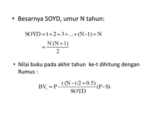 • Besarnya SOYD, umur N tahun:
• Nilai buku pada akhir tahun ke-t dihitung dengan
Rumus :
 