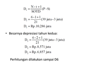• Besarnya depresiasi tahun kedua:
Perhitungan dilakukan sampai D6
 