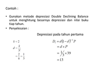Contoh :
• Gunakan metode depresiasi Double Declining Balance
untuk menghitung besarnya depresiasi dan nilai buku
tiap tahun.
• Penyelesaian :
Depresiasi pada tahun pertama
 