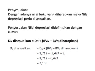 Penyesuaian:
Dengan adanya nilai buku yang diharapkan maka Nilai
depresiasi perlu disesuaikan.
Penyesuaian Nilai depresiasi didefinisikan dengan
rumus :
DN disesuaikan = DN + (BVN – BVN diharapkan)
 