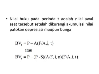 • Nilai buku pada periode t adalah nilai awal
aset tersebut setelah dikurangi akumulasi nilai
patokan depresiasi maupun bunga
 