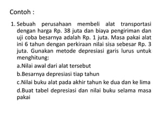 Contoh :
1. Sebuah perusahaan membeli alat transportasi
dengan harga Rp. 38 juta dan biaya pengiriman dan
uji coba besarnya adalah Rp. 1 juta. Masa pakai alat
ini 6 tahun dengan perkiraan nilai sisa sebesar Rp. 3
juta. Gunakan metode depresiasi garis lurus untuk
menghitung:
a.Nilai awal dari alat tersebut
b.Besarnya depresiasi tiap tahun
c.Nilai buku alat pada akhir tahun ke dua dan ke lima
d.Buat tabel depresiasi dan nilai buku selama masa
pakai
 