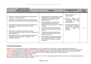 Programa da Disciplina de Desenho e Geometria Descritiva – 12ª Classe
Página 12 de 19
Unidade Temática 1: Secções em sólidos
Objectivos Específicos
(O aluno deve ser capaz de:)
Conteúdos
Competências Básicas
(O aluno:)
Horas
Lectivas
 Descrever os passos para obtenção das projecções da
secção dum sólido geométrico.
 Representar as projecções das secções produzidas por
planos de nível e planos frontais num sólido geométrico.
 Representar as projecções das secções produzidas por
planos de perfil, de topo e verticais num sólido
geométrico.
 Determinar a verdadeira grandeza das secções
produzidas por planos de perfil, de topo e verticais num
sólido geométrico.
 Representar através da convenção gráfica adequada o
sólido geométrico seccionado, a secção e a sua
verdadeira grandeza.
Representação das Projecções da secção
produzidas em prismas e pirâmides
geométricos por planos de nível e
planos frontais;
Representação das Projecções das
secção produzidas em prismas e
pirâmides por planos de topo, verticais e
de perfil;
Projecções da secção produzidas em
cones e cilindros por planos frontais e
de nivel,
Projecções da secção produzidas em
cones e cilindros por planos de topo,
verticais e de perfil.
Determinação da verdadeira grandeza
das secções produzidas por planos de
perfil, de topo e verticais num sólido
geométrico.
Secciona sólidos com
vários planos.
Secciona sólidos por
vários planos para melhor
compreender as suas
características
Representa as secções e a
sua verdadeira grandeza
aplicando as convenções
gráficas usuais e
aplicáveis
14
Sugestões Metodológicas
Explicar a razao de se seccionar os solidos e representar as projeccoes dessas seccoes deve ser o ponto de partida para o estudo das
seccoes.buscando exemplos na realidade pode ser encontrados casos em que para compreender o interior das coisas se faz o seu seccionamento,
pode-se exemplificar isto há o caso das seccoes tranversais e longitudinais que se ralizam no estudo dos seres vivos na disciplina de biologia.
sugere-se o tratamento das seccoes partindo do mais simples ate ao mais complexo, preconizando a seguinte sequencia
seccao do solido intersectando apenas a superficie lateral.
Secccao intersectando a superficie lateral e a base.
Na resolucao de problemas que envolvam o tracado da elipse, sera conviniente que os alunos determinem as projeccoes dos eixos da elipse sendo os
demais pontos obtidos com recurso a planos auxiliares.
 