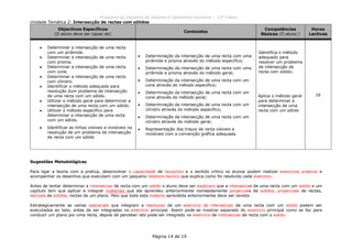 Programa da Disciplina de Desenho e Geometria Descritiva – 12ª Classe
Página 14 de 19
Unidade Temática 2: Intersecção de rectas com sólidos
Objectivos Específicos
(O aluno deve ser capaz de)
Conteúdos
Competências
Básicas (O aluno:)
Horas
Lectivas
Determinar a intersecção de uma recta
com um pirâmide.
Determinar a intersecção de uma recta
com prisma.
Determinar a intersecção de uma recta
com cone.
Determinar a intersecção de uma recta
com cilindro.
Identificar o método adequado para
resolução dum problema de intersecção
de uma recta com um sólido.
Utilizar o método geral para determinar a
intersecção de uma recta com um sólido.
Utilizar o método específico para
determinar a intersecção de uma recta
com um sólido.
Identificar as linhas visíveis e invisíveis na
resolução de um problema de intersecção
de recta com um sólido
Determinação da intersecção de uma recta com uma
pirâmide e prisma através do método especifico;
Determinação da intersecção de uma recta com uma
pirâmide e prisma através do método geral;
Determinação da intersecção de uma recta com um
cone através do método especifico;
Determinação da intersecção de uma recta com um
cone através do método geral;
Determinação da intersecção de uma recta com um
cilindro através do método especifico;
Determinação da intersecção de uma recta com um
cilindro através do método geral;
Representação dos traços da recta visíveis e
invisíveis com a convenção gráfica adequada.
Identifica o método
adequado para
resolver um problema
de intersecção de
recta com sólido;
Aplica o método geral
para determinar a
intersecção de uma
recta com um sólido
16
Sugestões Metodológicas
Para ligar a teoria com a pratica, desenvolver o capacidade de raciocinio e o sentido critico os alunos podem realizar exercicios praticos e
acompanhar os desenhos que executam com um pequeno relatorio teorico que explica como foi resolvido cada exercicio.
Antes de tentar determinar a interseccao de recta com um solido o aluno deve ser explicaco que a interseccao de uma recta com um solido e um
capitulo tem que aplicar e integrar materiais que ele aprendeu anteriormente nomeadamente projeccoes de solidos, projeccoes de rectas,
seccoes de solidos, rectas de um plano. Pelo que toda esta materia aprendida anteriormente deve ser revista .
Estrategicamente as varias operacoes que integram a resolucao de um exercicio de interseccao de uma recta com um solido podem ser
executadas ao lado, antes de ser integradas no exercicio principal. Assim pode-se mostrar separado do exercicio principal como se faz para
conduzir um plano por uma recta, depois de perceber isto pode ser integrado no exercicio de interseccao de recta com o solido.
 