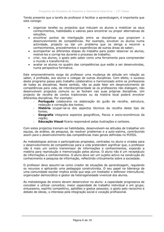 Programa da Disciplina de Desenho e Geometria Descritiva – 12ª Classe
Página 6 de 19
Tendo presente que a tarefa do professor é facilitar a aprendizagem, é importante que
este consiga:
organizar tarefas ou projectos que induzam os alunos a mobilizar os seus
conhecimentos, habilidades e valores para encontrar ou propor alternativas de
soluções;
encontrar pontos de interligação entre as disciplinas que propiciem o
desenvolvimento de competências. Por exemplo, envolver os alunos numa
actividade, projecto ou dar um problema que os obriga a recorrer a
conhecimentos, procedimentos e experiências de outras áreas do saber;
acompanhar as diferentes etapas do trabalho para poder observar os alunos,
motivá-los e corrigi-los durante o processo de trabalho;
criar, nos alunos, o gosto pelo saber como uma ferramenta para compreender
o mundo e transformá-lo;
avaliar os alunos no quadro das competências que estão a ser desenvolvidas,
numa perspectiva formativa.
Este empreendimento exige do professor uma mudança de atitude em relação ao
saber, à profissão, aos alunos e colegas de outras disciplinas. Com efeito, o sucesso
deste programa passa pelo trabalho colaborativo e harmonizado entre os professores
de todas as disciplinas. Neste sentido, não se pode falar em desenvolvimento de
competências para vida, de interdisciplinaridade se os professores não dialogam, não
desenvolvem projectos comuns ou se fecham nas suas próprias disciplinas. Um
projecto de recolha de contos tradicionais ou da história local poderá envolver
diferentes disciplinas. Por exemplo:
- Português colaboraria na elaboração do guião de recolha, estrutura,
redacção e correcção dos textos;
- História ocupar-se-ia dos aspectos técnicos da recolha deste tipo de
fontes;
- Geografia integraria aspectos geográficos, físicos e socio-económicos da
região;
- Educação Visual ficaria responsável pelas ilustrações e cartazes.
Com estes projectos treinam-se habilidades, desenvolvem-se atitudes de trabalhar em
equipa, de análise, de pesquisa, de resolver problemas e a auto-estima, contribuindo
assim para o desenvolvimento das competências mais gerais definidas no PCESG.
As metodologias activas e participativas propostas, centradas no aluno e viradas para
o desenvolvimento de competências para a vida pretendem significar que, o professor
não é mais um centro transmissor de informações e conhecimentos, expondo a
matéria para reprodução e memorização pelos alunos. O aluno não é um receptáculo
de informações e conhecimentos. O aluno deve ser um sujeito activo na construção do
conhecimento e pesquisa de informação, reflectindo criticamente sobre a sociedade.
O professor deve assumir-se como criador de situações de aprendizagem, regulando
os recursos e aplicando uma pedagogia construtivista. O seu papel na liderança de
uma comunidade escolar implica ainda que seja um mediador e defensor intercultural,
organizador democrático e gestor da heterogeneidade vivencial dos alunos.
As metodologias de ensino devem desenvolver no aluno: a capacidade progressiva de
conceber e utilizar conceitos; maior capacidade de trabalho individual e em grupo;
entusiasmo, espírito competitivo, aptidões e gostos pessoais; o gosto pelo raciocínio e
debate de ideias; o interesse pela integração social e vocação profissional.
 