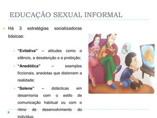 EDUCAÇÃO SEXUAL INFORMAL
   Há     3      estratégias       socializadoras
    básicas:


         “Evitativa”    –   atitudes    como     o
          silêncio, a desatenção e a proibição;

         “Anedótica”           –        exemplos
          ficcionais, anedotas que distorcem a
          realidade;

         “Solene”       –      didácticas       em
          desarmonia      com       o   estilo   de
          comunicação habitual ou com o
          ritmo     de   desenvolvimento         do
          indivíduo.
 