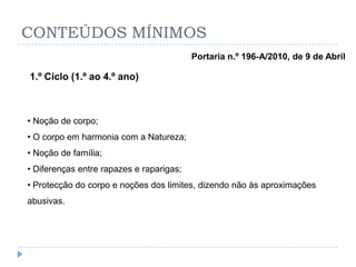 CONTEÚDOS MÍNIMOS
                                          Portaria n.º 196-A/2010, de 9 de Abril

1.º Ciclo (1.º ao 4.º ano)



• Noção de corpo;
• O corpo em harmonia com a Natureza;
• Noção de família;
• Diferenças entre rapazes e raparigas;
• Protecção do corpo e noções dos limites, dizendo não às aproximações
abusivas.
 