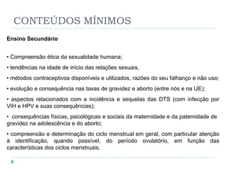 CONTEÚDOS MÍNIMOS
Ensino Secundário


• Compreensão ética da sexualidade humana;
• tendências na idade de início das relações sexuais,
• métodos contraceptivos disponíveis e utilizados, razões do seu falhanço e não uso;
• evolução e consequência nas taxas de gravidez e aborto (entre nós e na UE);
• aspectos relacionados com a incidência e sequelas das DTS (com infecção por
VIH e HPV e suas consequências);
• consequências físicas, psicológicas e sociais da maternidade e da paternidade de
gravidez na adolescência e do aborto;
• compreensão e determinação do ciclo menstrual em geral, com particular atenção
à identificação, quando possível, do período ovulatório, em função das
características dos ciclos menstruais.
 
