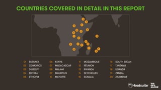 3
COUNTRIES COVERED IN DETAIL IN THIS REPORT
01 BURUNDI 06 KENYA 11 MOZAMBIQUE 16 SOUTH SUDAN
02 COMOROS 07 MADAGASCAR 12 RÉUNION 17 TANZANIA
03 DJIBOUTI 08 MALAWI 13 RWANDA 18 UGANDA
04 ERITREA 09 MAURITIUS 14 SEYCHELLES 19 ZAMBIA
05 ETHIOPIA 10 MAYOTTE 15 SOMALIA 20 ZIMBABWE
9
5
4
10
15
7
19
12
20
8
13
1
16
6
2
3
11
18
14
17
 