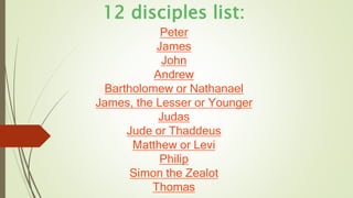 12 disciples list:
Peter
James
John
Andrew
Bartholomew or Nathanael
James, the Lesser or Younger
Judas
Jude or Thaddeus
Matthew or Levi
Philip
Simon the Zealot
Thomas
 