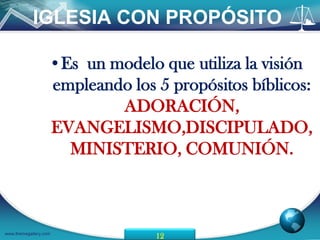 IGLESIA CON PROPÓSITO

                   •Es un modelo que utiliza la visión
                   empleando los 5 propósitos bíblicos:
                           ADORACIÓN,
                   EVANGELISMO,DISCIPULADO,
                     MINISTERIO, COMUNIÓN.



www.themegallery.com
                                 12
 