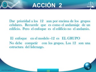 1
                          ACCIÓN 2

           Dar prioridad a los 12 aun por encima de los grupos
           celulares. Recuerde que es como el andamiaje de un
           edificio. Pero el enfoque es el edificio no el andamio.

            El enfoque en el modelo -12 es EL GRUPO
           No debe competir con los grupos. Los 12 son una
           estructura del liderazgo.




www.themegallery.com
                                    -12
 