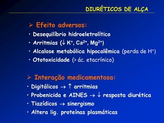 DIURÉTICOS DE ALÇA 
 Efeito adversos: 
• Desequilíbrio hidroeletrolítico 
• Arritmias ( K+, Ca2+, Mg2+) 
• Alcalose metabólica hipocalêmica (perda de H+) 
• Ototoxicidade (> ác. etacrínico) 
 Interação medicamentosa: 
• Digitálicos   arritmias 
• Probenicida e AINES   resposta diurética 
• Tiazídicos  sinergismo 
• Altera lig. proteínas plasmáticas  