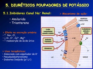 5. DIURÉTICOS POUPADORES DE POTÁSSIO 
 Mecanismo de ação: 
5.1.Inibidores Canal Na+ Renal: 
• Amilorida 
• Triantereno 
 Efeito na excreção urinária: 
•  Na+, Cl-, 
•  K+, H+ , Ca2+, Mg2+ 
•  reabsorção de ácido úrico 
 Usos terapêuticos: 
• Associado com espoliador de K+ 
• Pseudoaldosteronismo 
• Diabetes Insípido (p/ Li+)  
