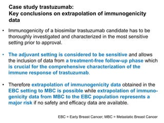 Case study trastuzumab:
Key conclusions on extrapolation of immunogenicity
data
• Immunogenicity of a biosimilar trastuzumab candidate has to be
thoroughly investigated and characterized in the most sensitive
setting prior to approval.
• The adjuvant setting is considered to be sensitive and allows
the inclusion of data from a treatment-free follow-up phase which
is crucial for the comprehensive characterization of the
immune response of trastuzumab.
• Therefore extrapolation of immunogenicity data obtained in the
EBC setting to MBC is possible while extrapolation of immunogenicity data from MBC to the EBC population represents a
major risk if no safety and efficacy data are available.
EBC = Early Breast Cancer; MBC = Metastatic Breast Cancer

 