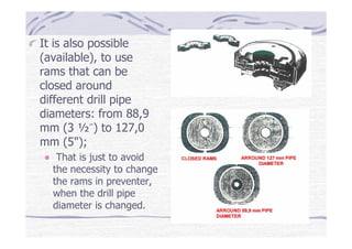 It is also possible
(available), to use
rams that can be
closed around
different drill pipe
diameters: from 88,9
mm (3 ½˝) to 127,0
mm (5");
That is just to avoid
the necessity to change
the rams in preventer,
when the drill pipe
diameter is changed.
 