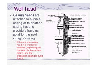 Well head
• Casing heads are
attached to surface
casing or to another
casing head to
provide a hanging
point for the next
string of casing.
− If there is one casing
head, it is welded or
screwed (depending on
diameter) to the surface
casing, and the
production casing is hung
from it.
 