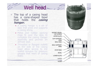 Well head
The top of a casing head
has a cone-shaped bowl
that holds the casing
hanger.
A casing hanger is a set of
slips that grips and supports
a casing string.
Metal and rubber packing
rings fit over the slips to
complete the casing hanger
assembly and provide an
annular seal.
Threaded or flanged outlets
on the side of the casing
head allow access to the
sealed annulus for pressure
gauges that warn of casing
leaks.
 