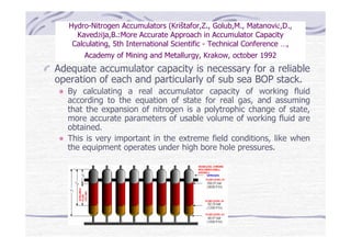 Hydro-Nitrogen Accumulators (Krištafor,Z., Golub,M., Matanović,D.,
Kavedžija,B.:More Accurate Approach in Accumulator Capacity
Calculating, 5th International Scientific - Technical Conference …,
Academy of Mining and Metallurgy, Krakow, october 1992
Adequate accumulator capacity is necessary for a reliable
operation of each and particularly of sub sea BOP stack.
By calculating a real accumulator capacity of working fluid
according to the equation of state for real gas, and assuming
that the expansion of nitrogen is a polytrophic change of state,
more accurate parameters of usable volume of working fluid are
obtained.
This is very important in the extreme field conditions, like when
the equipment operates under high bore hole pressures.
 