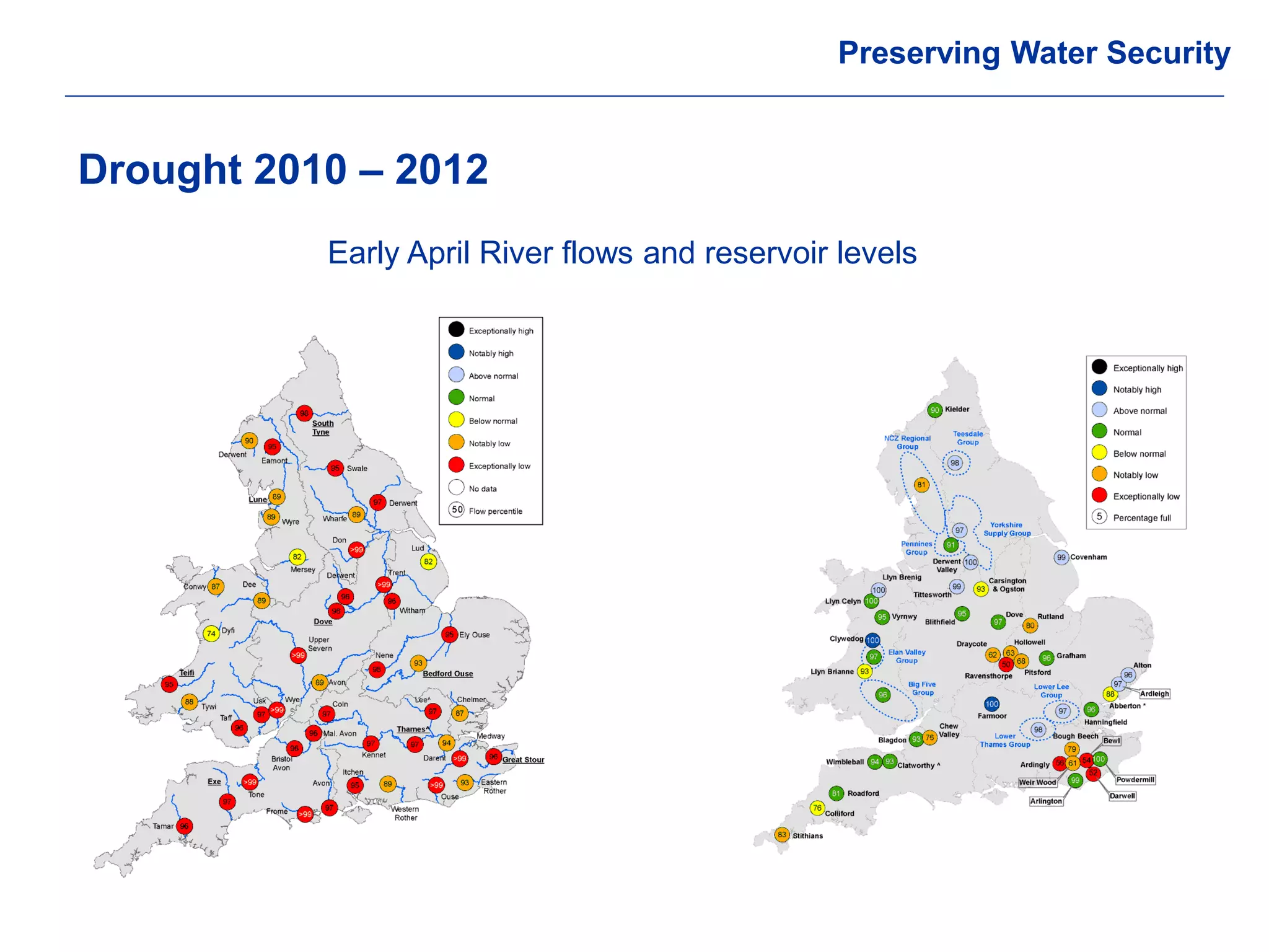 © Crown copyright Met Office 
Drought 2010 – 2012 
Early April River flows and reservoir levels 
Preserving Water Security  