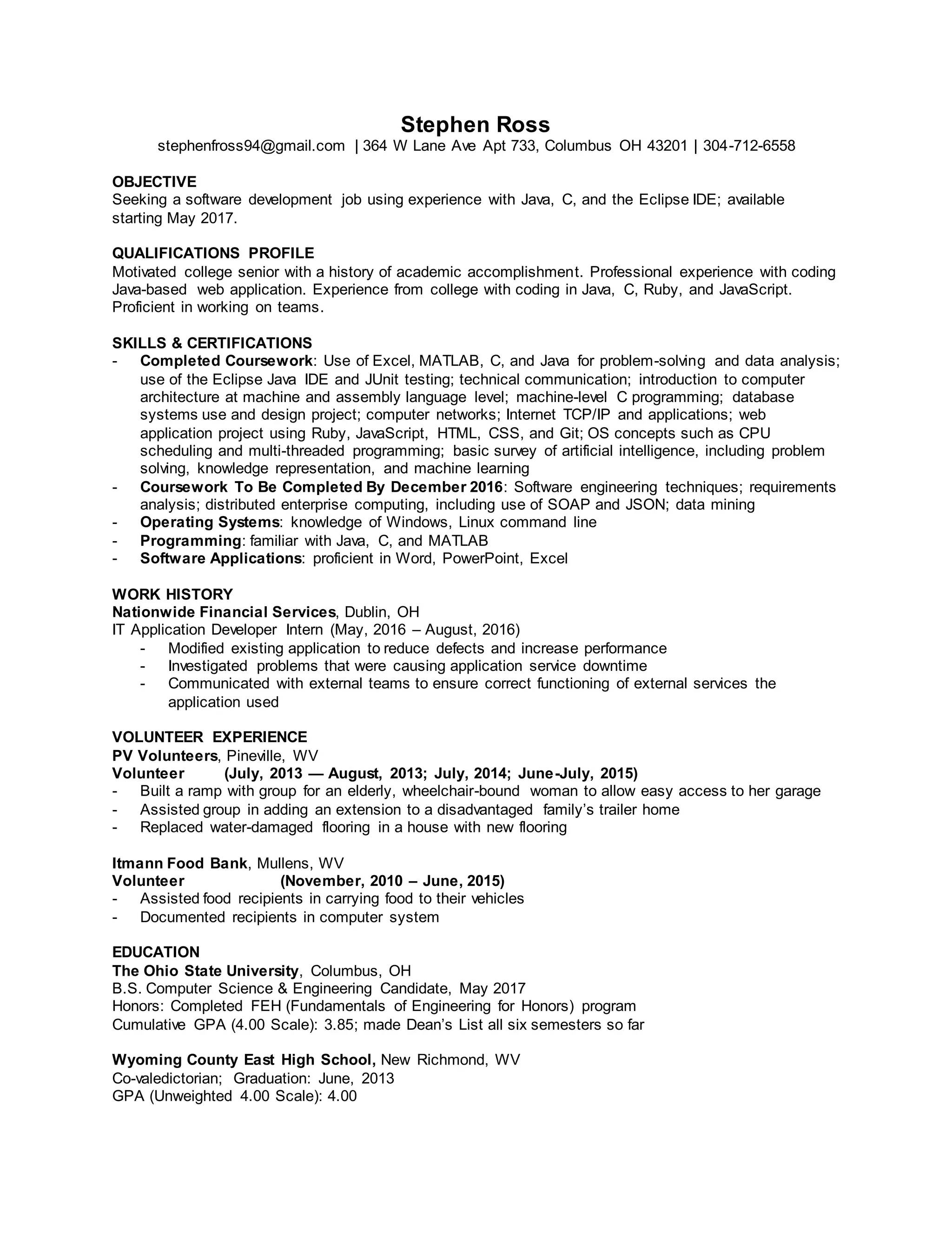 Ross Stephen Resume PDF Ross stephen resume pdf
