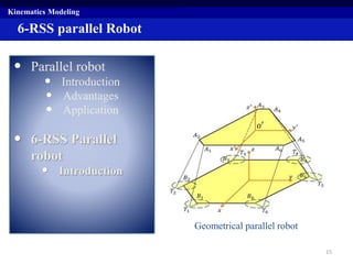 6-RSS parallel Robot
• Parallel robot
• Introduction
• Advantages
• Application
• 6-RSS Parallel
robot
• Introduction
Kinematics Modeling
15
Geometrical parallel robot
𝑜′
 