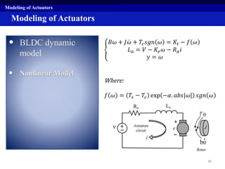 Modeling of Actuators
• BLDC dynamic
model
• Nonlinear Model
Modeling of Actuators
𝐵𝜔 + 𝐽 𝜔 + 𝑇𝑐 𝑠𝑔𝑛 𝜔 = 𝐾𝑡 − 𝑓 𝜔
𝐿 𝑎 = 𝑉 − 𝐾𝑒 𝜔 − 𝑅 𝑎 𝑖
𝑦 = 𝜔
Where:
𝑓 𝜔 = 𝑇𝑠 − 𝑇𝑐 exp −𝛼. 𝑎𝑏𝑠|𝜔| 𝑠𝑔𝑛 𝜔
30
 