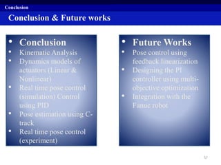 • Conclusion
• Kinematic Analysis
• Dynamics models of
actuators (Linear &
Nonlinear)
• Real time pose control
(simulation) Control
using PID
• Pose estimation using C-
track
• Real time pose control
(experiment)
Conclusion
Conclusion & Future works
• Future Works
• Pose control using
feedback linearization
• Designing the PI
controller using multi-
objective optimization
• Integration with the
Fanuc robot
57
 
