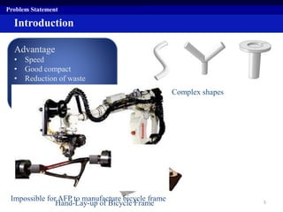 Introduction
Problem Statement
Advantage
• Speed
• Good compact
• Reduction of waste
Disadvantage
• Complex shapes
Complex shapes
Hand-Lay-up of Bicycle Frame
Impossible for AFP to manufacture bicycle frame 5
 