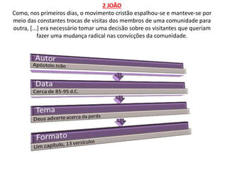 2 JOÃO
Como, nos primeiros dias, o movimento cristão espalhou-se e manteve-se por
meio das constantes trocas de visitas dos membros de uma comunidade para
outra, [...] era necessário tomar uma decisão sobre os visitantes que queriam
fazer uma mudança radical nas convicções da comunidade.
 