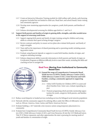 16
	 1.2.7	Create an Interactive Education Training module for child welfare staff, schools, early learning
programs (included but not limited to child care, Head Start, and school-based), home visiting
and community agencies
	 1.2.8	Develop more mentoring opportunities for caregivers, youth, birth parents, and families of
origin
	 1.2.9	 Enhance developmental screening for children ages birth to 3 and 3 to 5
1.3	Support birth parents and families of origin in gaining skills, strengths, and other needed areas
in the support of returning youth home
	 1.3.1	Support ongoing birth parent and family of origin training caring for children and young
adults to continue their quest in being stronger caregiver
	 1.3.2	Review contracts and policy to ensure service plans also evaluate birth parent and family of
origin strengths
	 1.3.3	Train staff on the importance of shared parenting and co-parenting model, including assum-
ing positive intent
	 1.3.4	Evaluate using financial stipends or supports to assist birth families, families of origin, and
caregivers attending trainings
	 1.3.5	Enhance department ability to provide information to birth parents and family of origin on
Certification Programs at different difficulty levels to meet their needs, including life skills and
coaching on how to navigate life
Goal Two: Moving from Institutional to Community
Based Care
2.1 Expand the usage of Comprehensive Community Based
Youth Services (CCBYS), Family Advocacy Centers (FAC),
Child Advocacy Centers (CAC), Crisis Nurseries and SAFE
Families, creating a community approach to supporting
families
	 2.1.1	Utilize SAFE Families for Children (SFFC) to assist and
divert families from foster care, evaluate expanding im-
pact
	 2.1.2	Promote programing which provides mentorship oppor-
tunities for youth, caregivers, birth parents, and families
of origin
2.1.3	 Reduce racial disparity in funded services including services for bilingual racial minority population
2.1.4	Network with the community supports by utilizing offices under the Office of Affirmative Action
such as: African–America, Asian, Latino, and Native American Services
2.1.5	Evaluate building a 24/7 statewide crisis resource system using temporary placements in a
community
2.1.6	Evaluate how Comprehensive Community Based Youth Services (CCBYS), Family Advocacy Cen-
ters (FAC), Child Advocacy Centers (CAC), and Crisis Nurseries, fit into the 1115 Medicaid waiver,
Title IV-E Waiver expansion, and other opportunities the state is pursuing for meeting needs of
youth and families in communities of origin
• COMPASSION
•ACCOUNTABILITY•RESPO
NSIVENESS•RELATIONSHIP
S
•RESPECT•EMPATHY•SAF
ETY • TRUST
Moving from
Institutional
to Community
Based Care
 